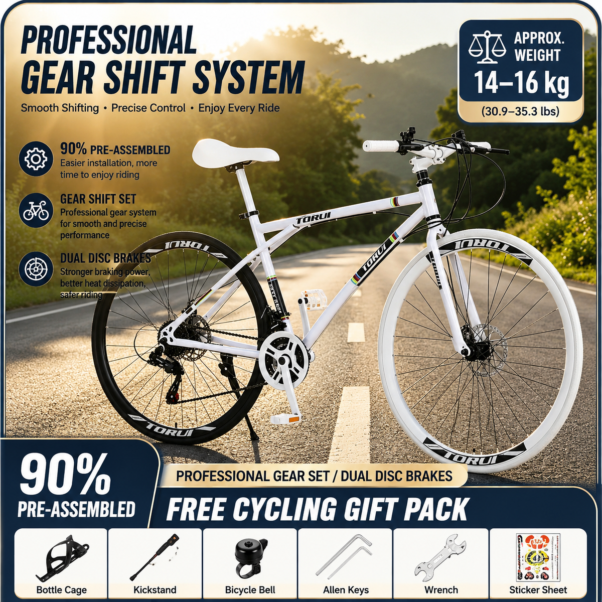 Adult bicycle with dual disc brakes, lightweight sports bike