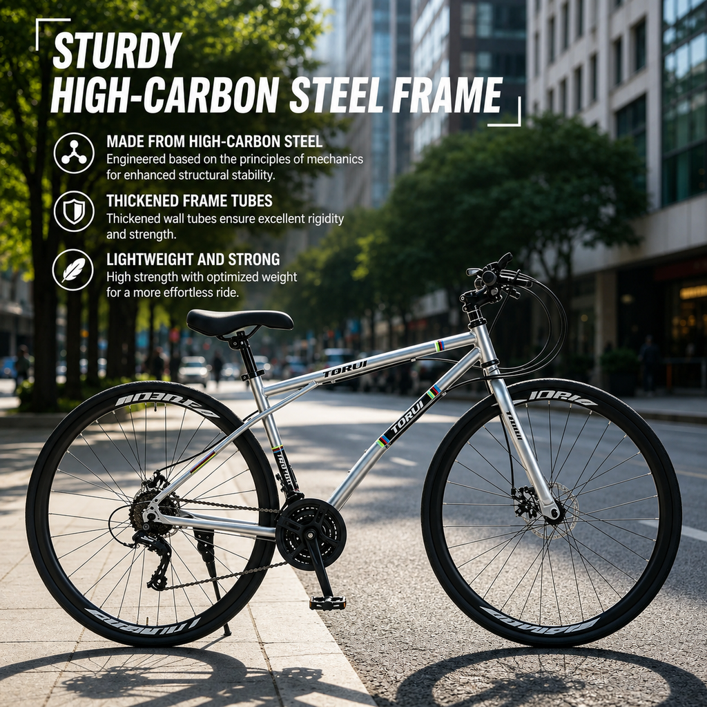 Adult bicycle with dual disc brakes, lightweight sports bike