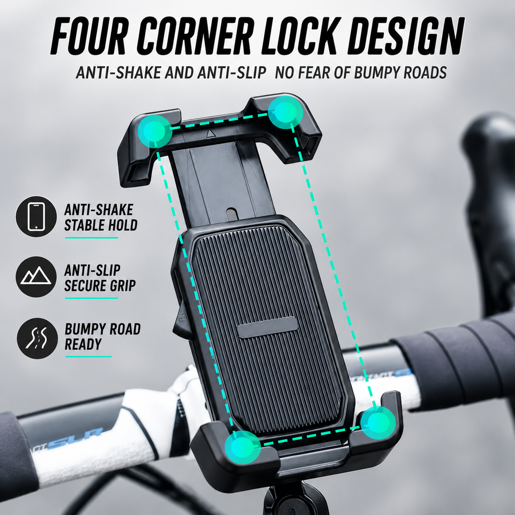 Bicycle phone holder, shockproof and fixed for mountain and road bikes