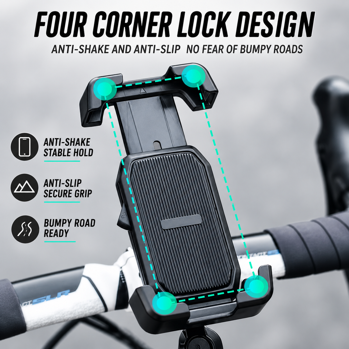 Bicycle phone holder, shockproof and fixed for mountain and road bikes